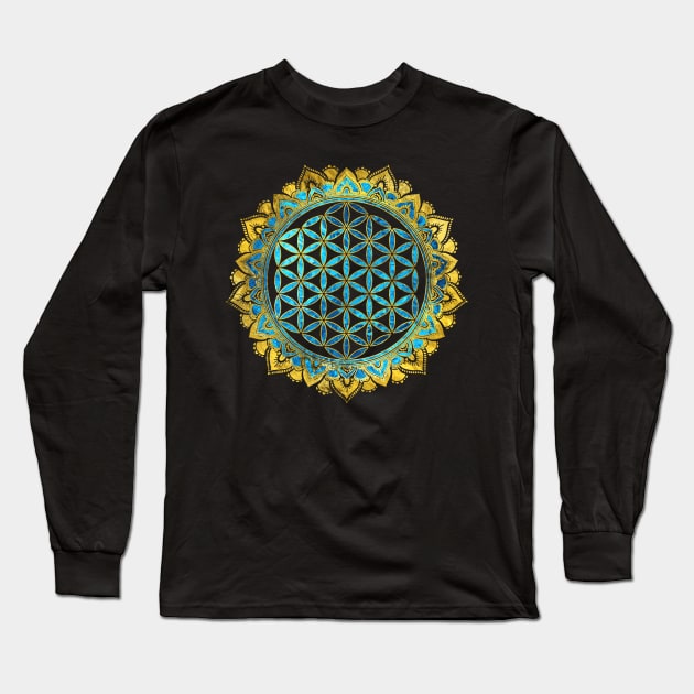 Flower of life gold an blue texture  glass Long Sleeve T-Shirt by Nartissima